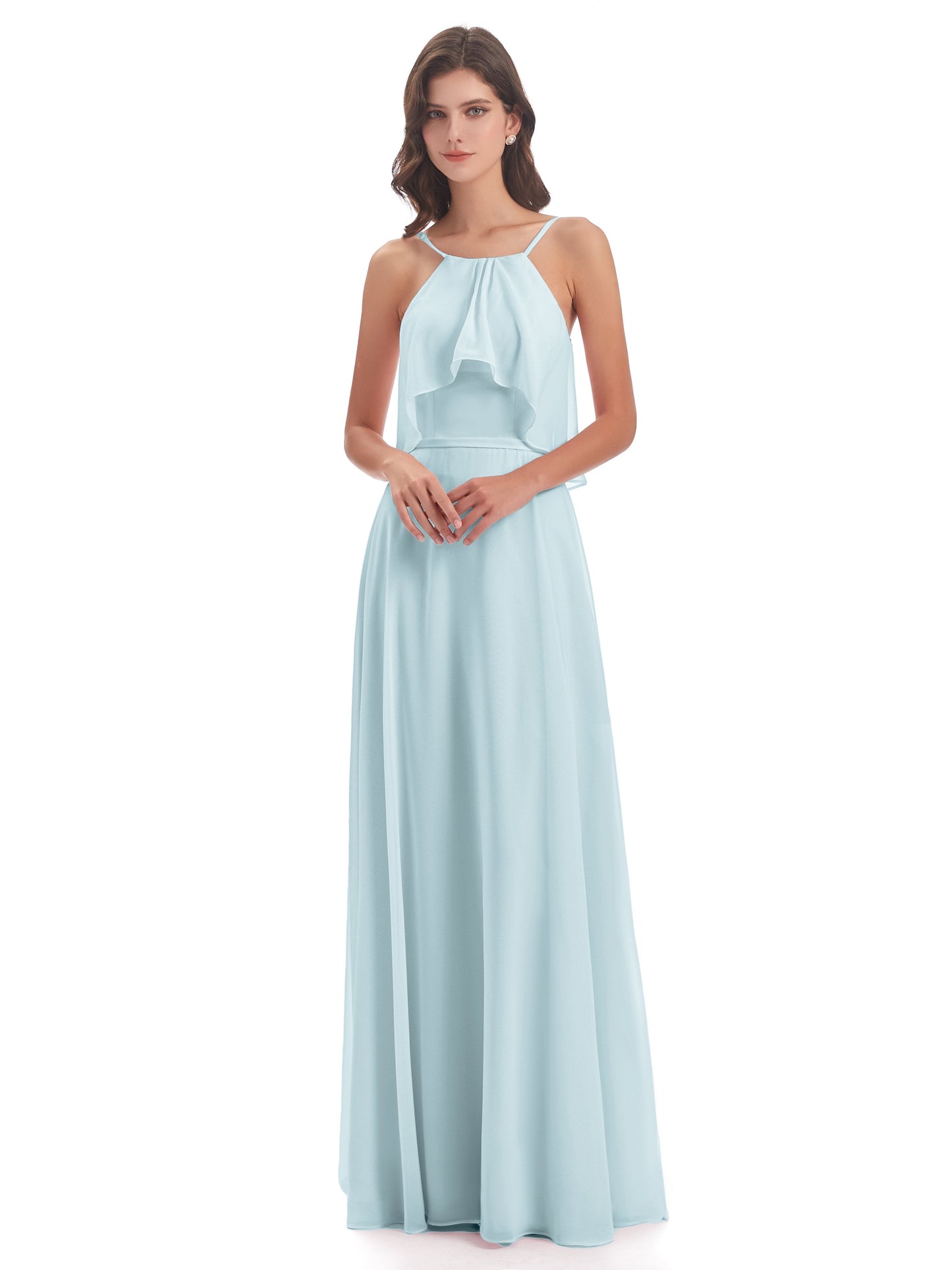 Paisley Halter Ruffles Chiffon Long Bridesmaid Dresses