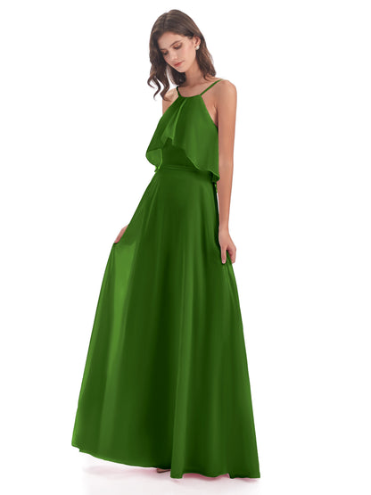 Paisley Halter Ruffles Chiffon Long Bridesmaid Dresses