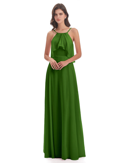 Paisley Halter Ruffles Chiffon Long Bridesmaid Dresses