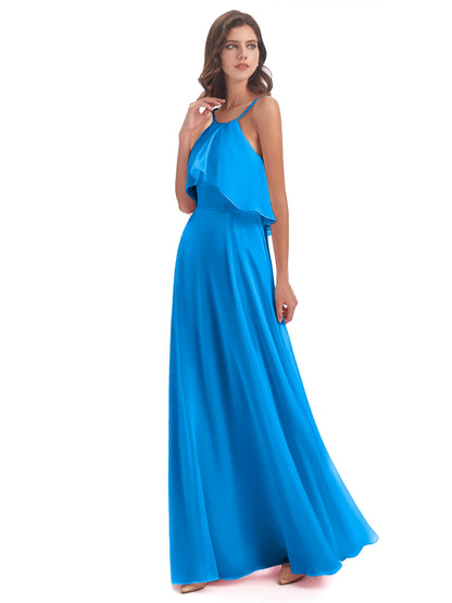 Paisley Halter Ruffles Chiffon Long Bridesmaid Dresses
