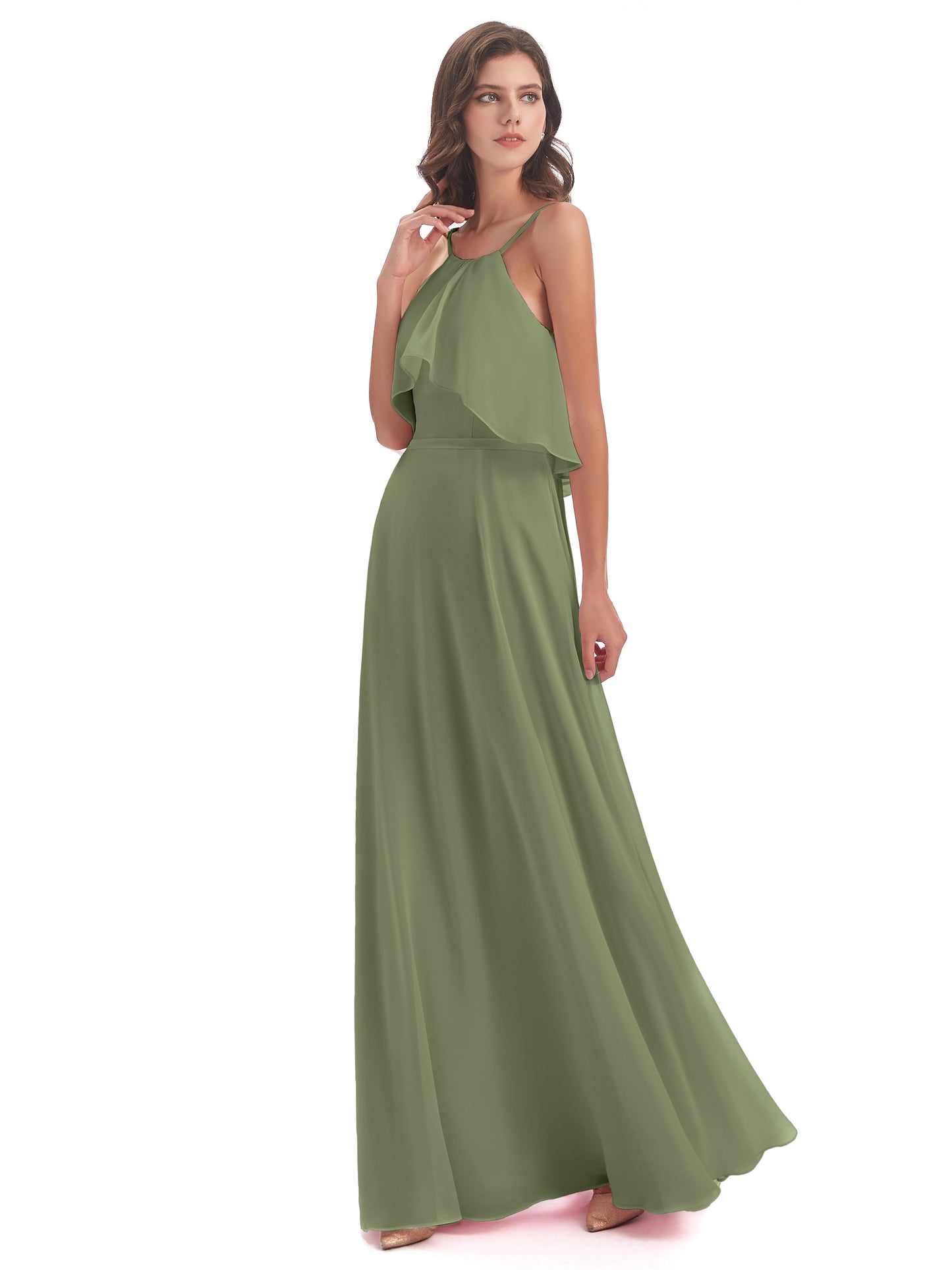 Paisley Halter Ruffles Chiffon Long Bridesmaid Dresses
