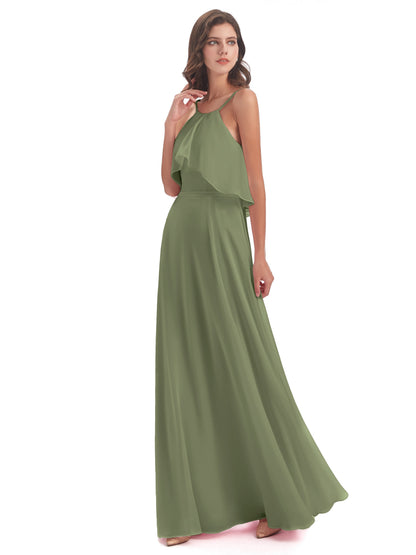 Paisley Halter Ruffles Chiffon Long Bridesmaid Dresses