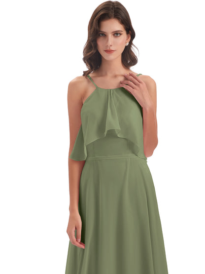 Paisley Halter Ruffles Chiffon Long Bridesmaid Dresses