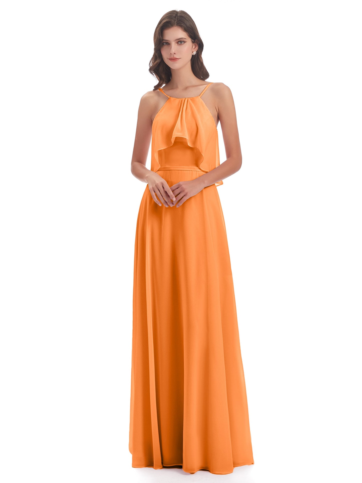Paisley Halter Ruffles Chiffon Long Bridesmaid Dresses