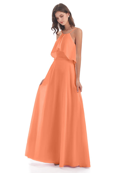 Paisley Halter Ruffles Chiffon Long Bridesmaid Dresses