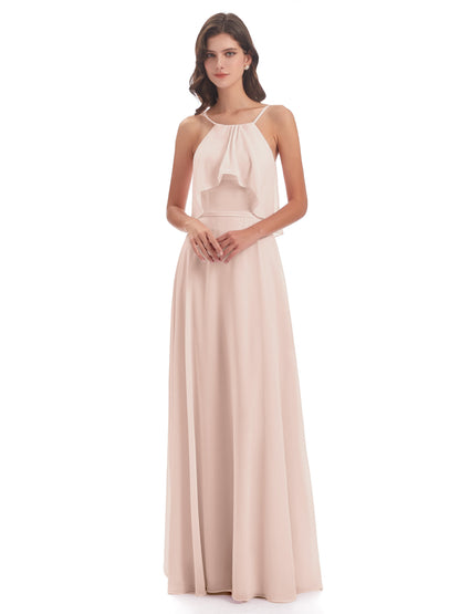 Paisley Halter Ruffles Chiffon Long Bridesmaid Dresses