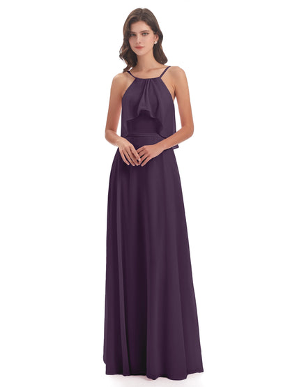 Paisley Halter Ruffles Chiffon Long Bridesmaid Dresses