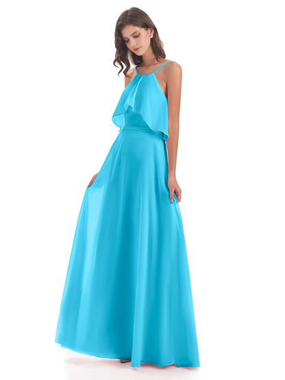 Paisley Halter Ruffles Chiffon Long Bridesmaid Dresses