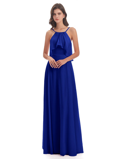 Paisley Halter Ruffles Chiffon Long Bridesmaid Dresses