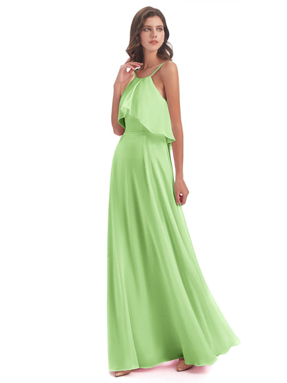 Paisley Halter Ruffles Chiffon Long Bridesmaid Dresses