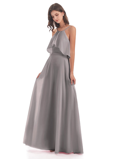 Paisley Halter Ruffles Chiffon Long Bridesmaid Dresses