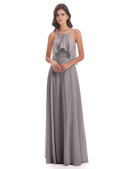 Paisley Halter Ruffles Chiffon Long Bridesmaid Dresses