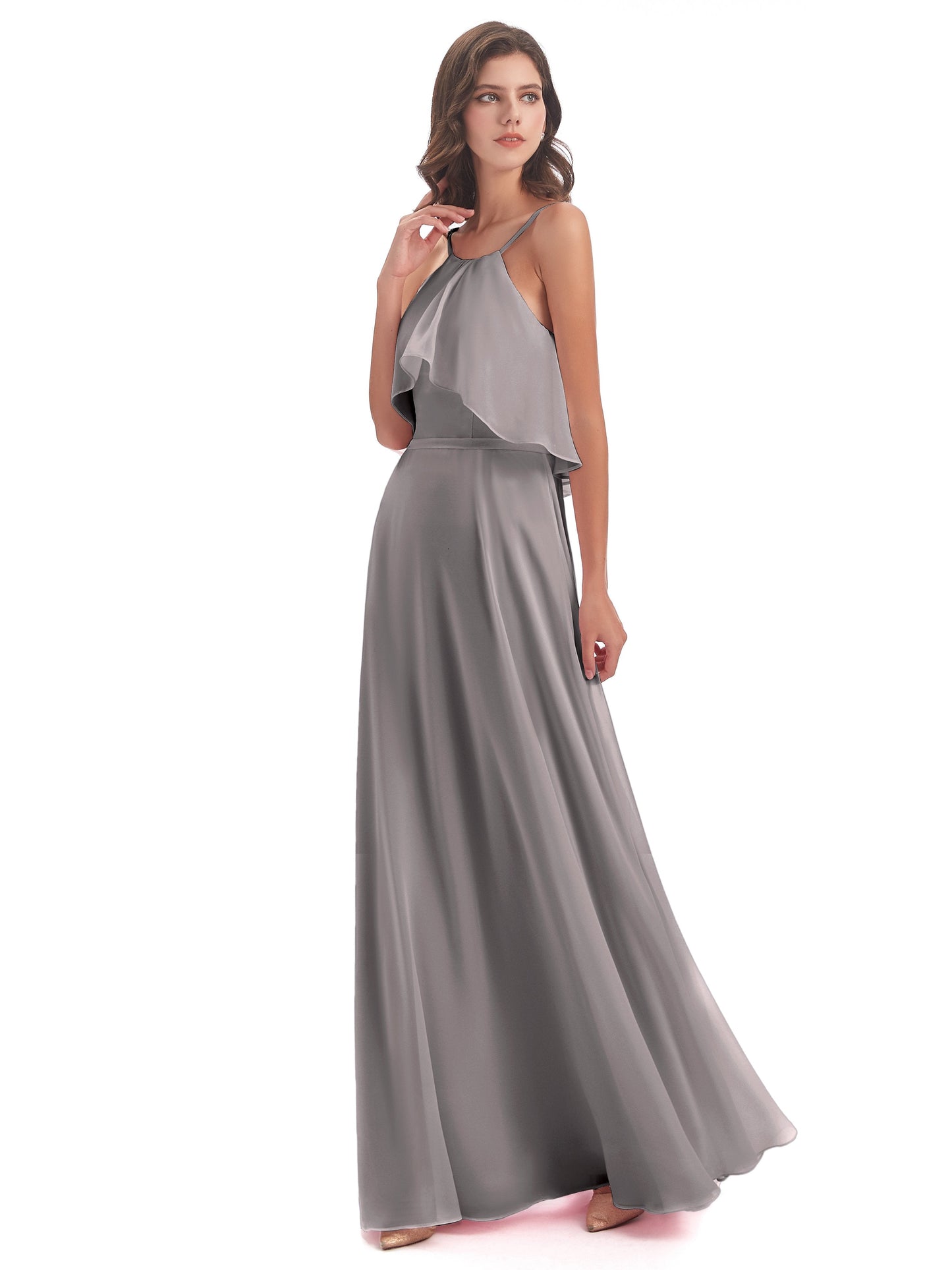 Paisley Halter Ruffles Chiffon Long Bridesmaid Dresses