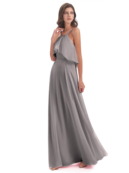 Paisley Halter Ruffles Chiffon Long Bridesmaid Dresses