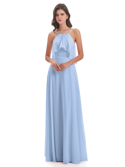 Paisley Halter Ruffles Chiffon Long Bridesmaid Dresses