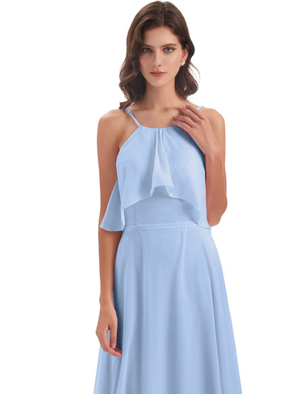 Paisley Halter Ruffles Chiffon Long Bridesmaid Dresses