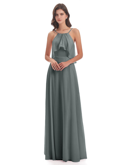 Paisley Halter Ruffles Chiffon Long Bridesmaid Dresses