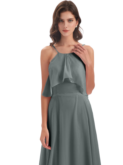 Paisley Halter Ruffles Chiffon Long Bridesmaid Dresses