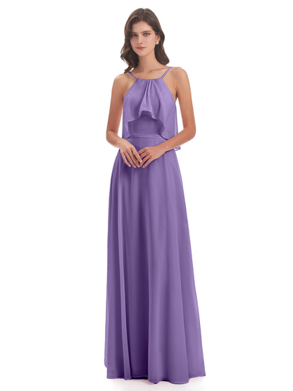 Paisley Halter Ruffles Chiffon Long Bridesmaid Dresses