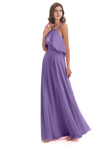 Paisley Halter Ruffles Chiffon Long Bridesmaid Dresses