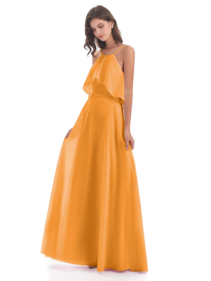 Paisley Halter Ruffles Chiffon Long Bridesmaid Dresses