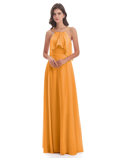 Paisley Halter Ruffles Chiffon Long Bridesmaid Dresses