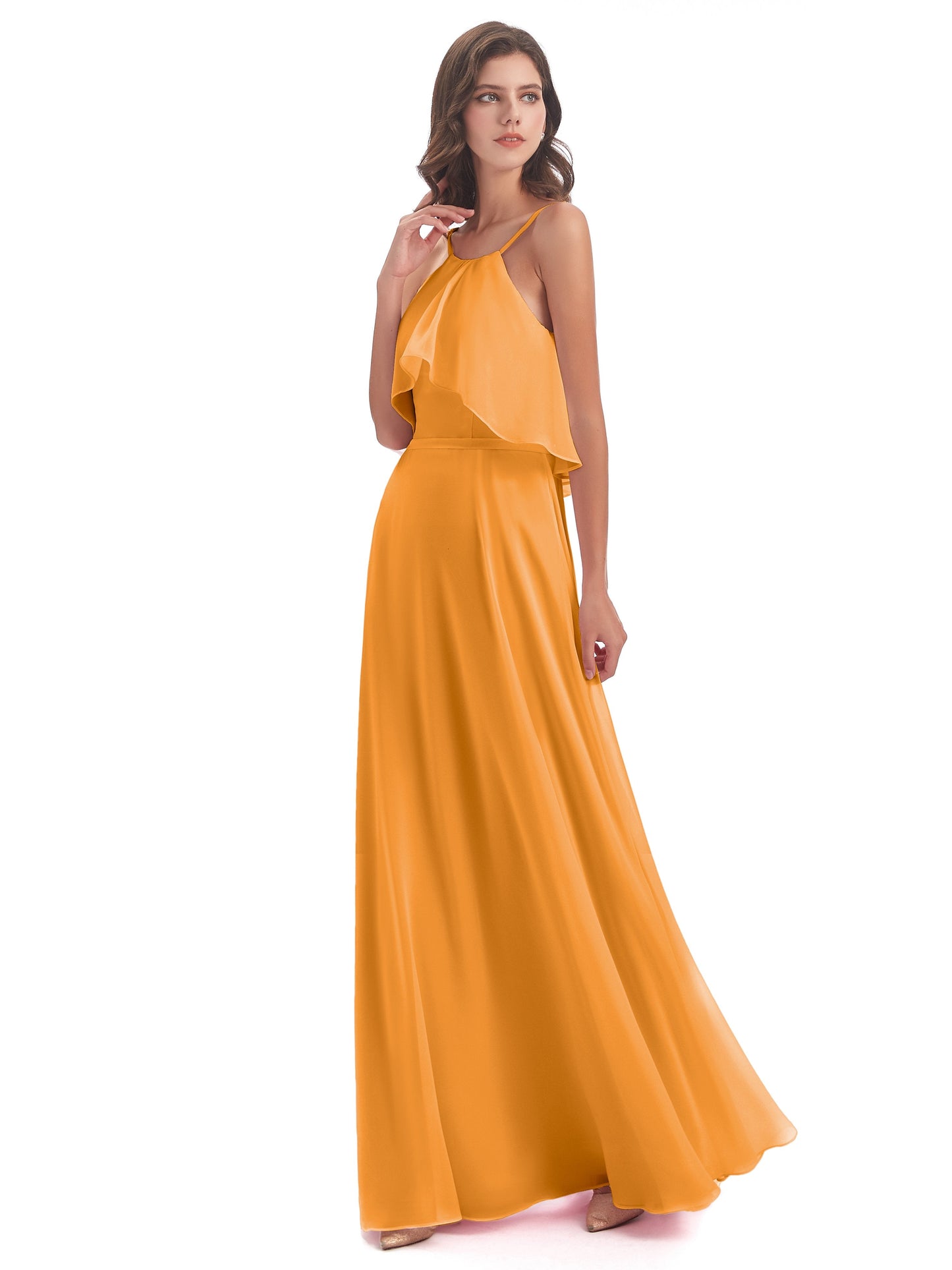 Paisley Halter Ruffles Chiffon Long Bridesmaid Dresses