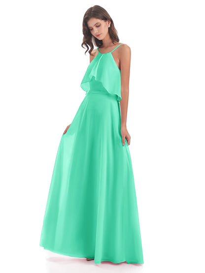 Paisley Halter Ruffles Chiffon Long Bridesmaid Dresses