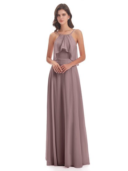 Paisley Halter Ruffles Chiffon Long Bridesmaid Dresses