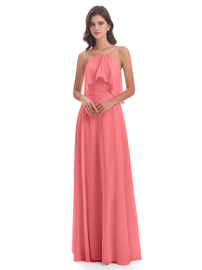 Paisley Halter Ruffles Chiffon Long Bridesmaid Dresses