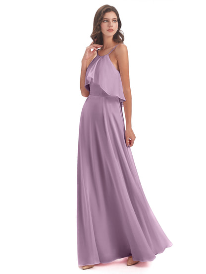 Paisley Halter Ruffles Chiffon Long Bridesmaid Dresses