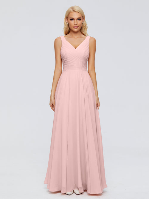 Dusty Rose Bridesmaid Dress V Neck Long Chiffon Bridesmaid Dresses with Bow