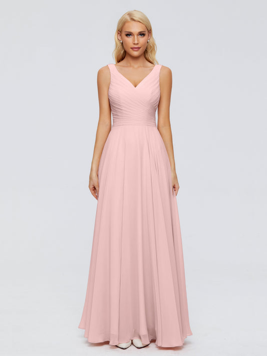 Dusty Rose Bridesmaid Dress V Neck Long Chiffon Bridesmaid Dresses with Bow