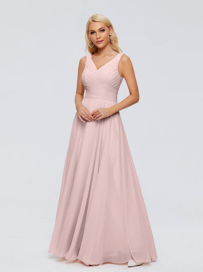 Dusty Rose Bridesmaid Dress V Neck Long Chiffon Bridesmaid Dresses with Bow