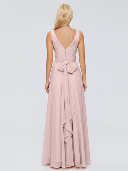Dusty Rose Bridesmaid Dress V Neck Long Chiffon Bridesmaid Dresses with Bow