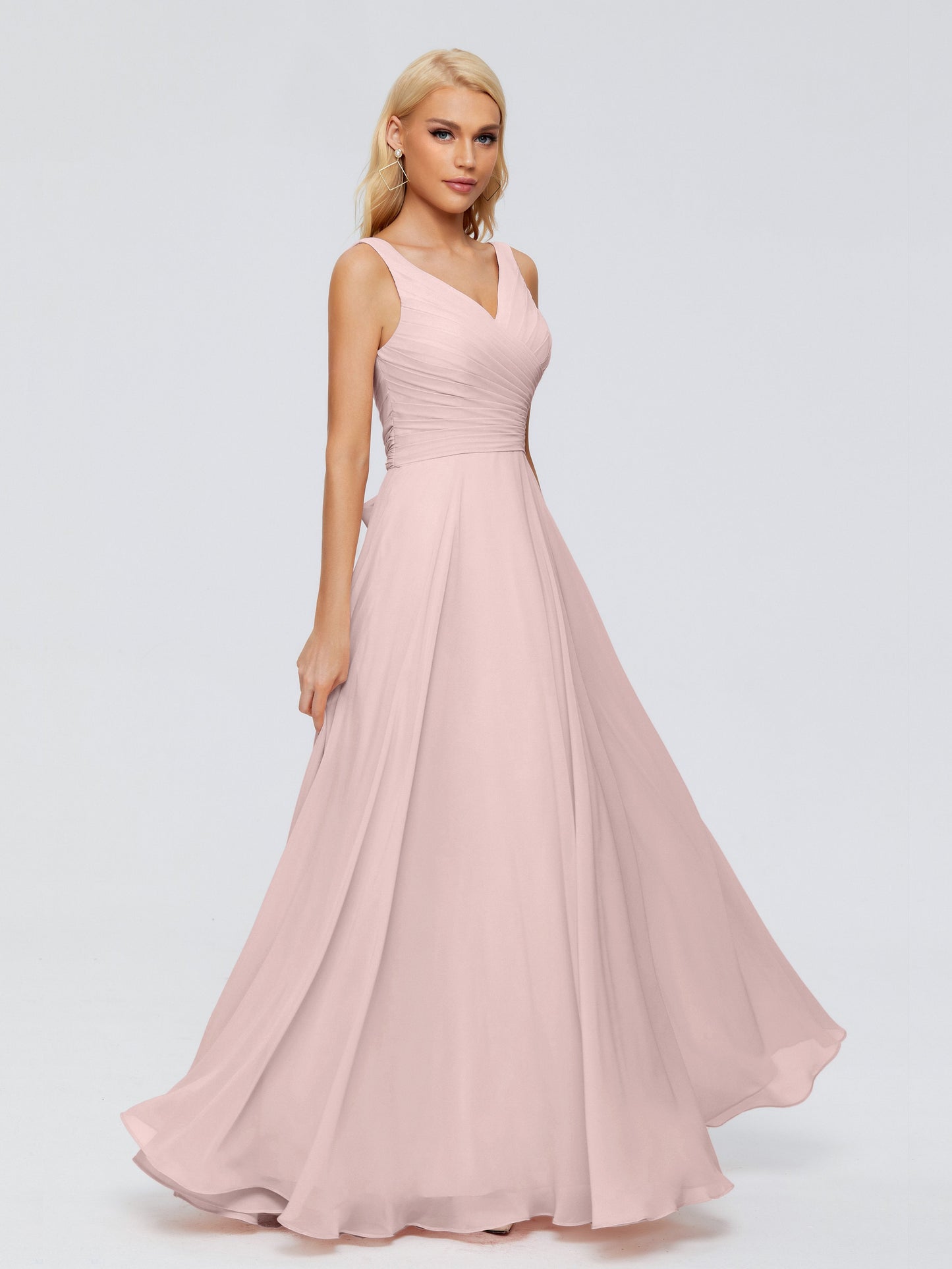 Dusty Rose Bridesmaid Dress V Neck Long Chiffon Bridesmaid Dresses with Bow