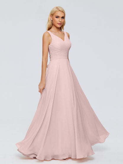 Dusty Rose Bridesmaid Dress V Neck Long Chiffon Bridesmaid Dresses with Bow