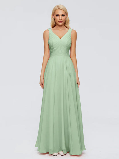 Dusty Sage Chiffon Bridesmaid Dresses V Neck Long Chiffon Bridesmaid Dresses with Bow