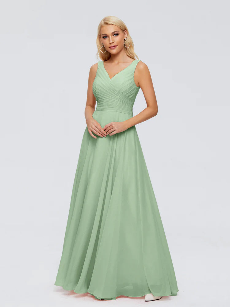Dusty Sage Chiffon Bridesmaid Dresses V Neck Long Chiffon Bridesmaid Dresses with Bow