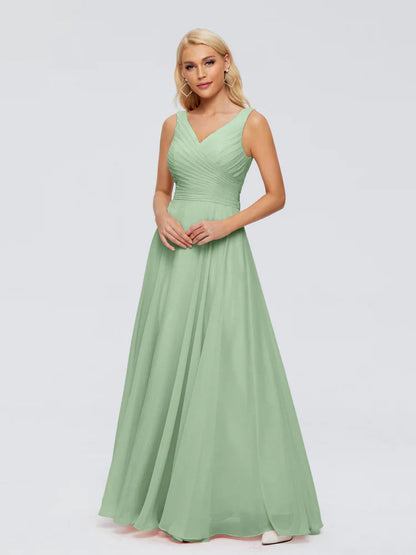 Dusty Sage Chiffon Bridesmaid Dresses V Neck Long Chiffon Bridesmaid Dresses with Bow