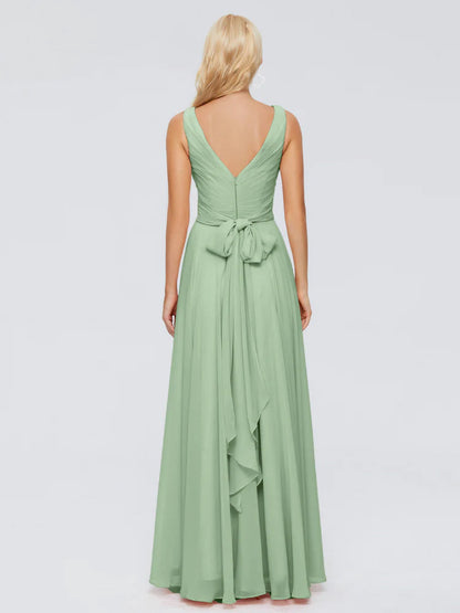 Dusty Sage Chiffon Bridesmaid Dresses V Neck Long Chiffon Bridesmaid Dresses with Bow