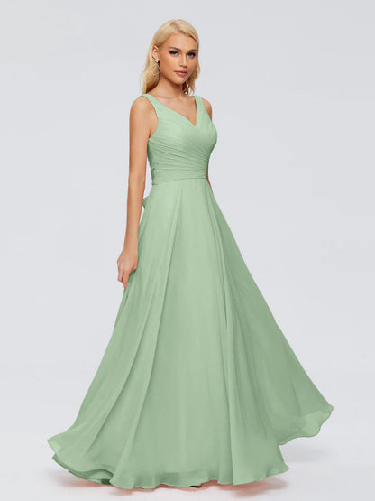 Dusty Sage Chiffon Bridesmaid Dresses V Neck Long Chiffon Bridesmaid Dresses with Bow