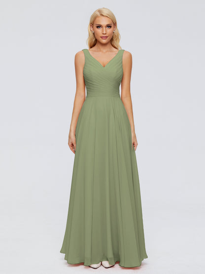 Olive Green Dress Bridesmaid V Neck Long Chiffon Bridesmaid Dresses with Bow