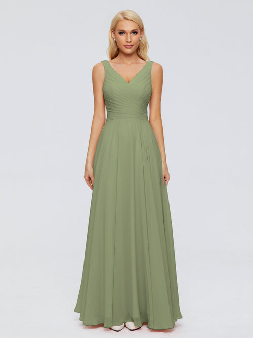 Olive Green Dress Bridesmaid V Neck Long Chiffon Bridesmaid Dresses with Bow