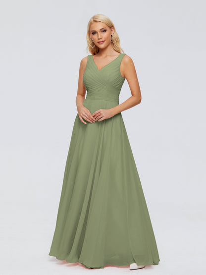 Olive Green Dress Bridesmaid V Neck Long Chiffon Bridesmaid Dresses with Bow