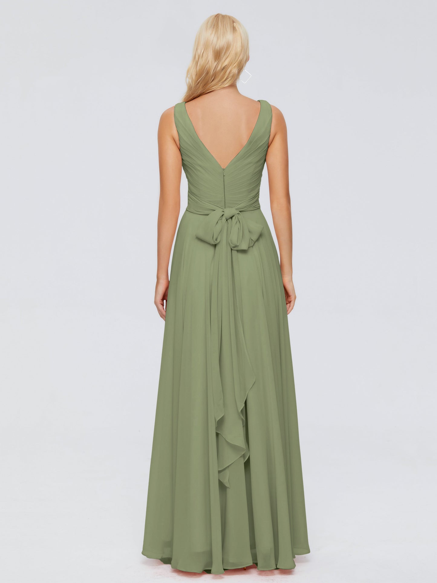 Olive Green Dress Bridesmaid V Neck Long Chiffon Bridesmaid Dresses with Bow