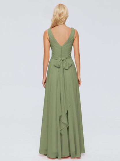 Olive Green Dress Bridesmaid V Neck Long Chiffon Bridesmaid Dresses with Bow