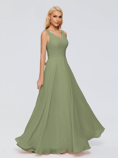 Olive Green Dress Bridesmaid V Neck Long Chiffon Bridesmaid Dresses with Bow