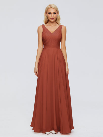Rust Bridesmaid Dresses V Neck Long Chiffon Bridesmaid Dresses with Bow