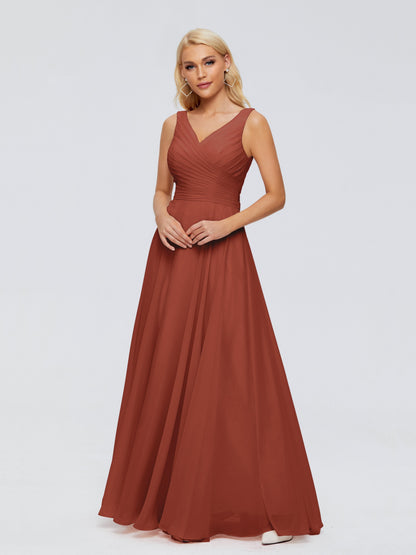 Rust Bridesmaid Dresses V Neck Long Chiffon Bridesmaid Dresses with Bow